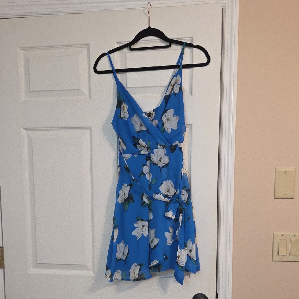 Blue Floral Mock-Wrap Dress